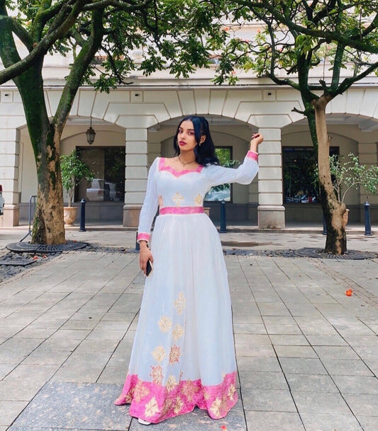 Regal Handmade Pink Habesha Dress – Modern Ethiopian Kemis