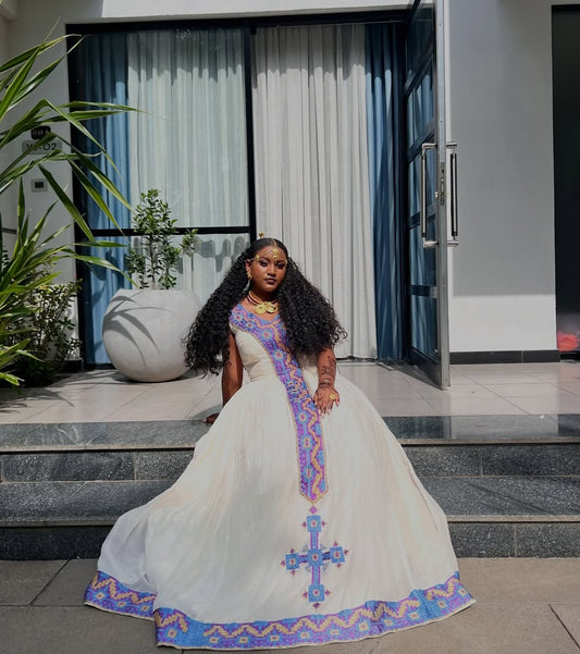 Grand Habesha Wedding Dress with Purple Tibeb – Ethiopian Bridal zuria