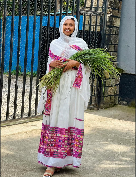 Vibrant Purple Habesha Dress – Authentic Ethiopian Kemis