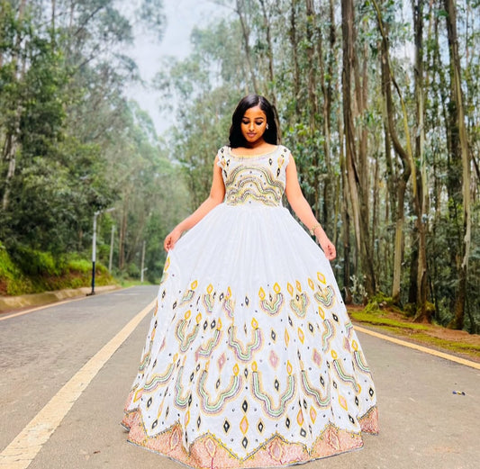 White Habesha Wedding Dress with Colorful pink Tibeb – Grand Ethiopian kemis