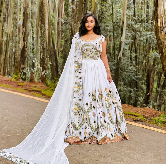 White Habesha Wedding Dress with Colorful pink Tibeb – Grand Ethiopian kemis