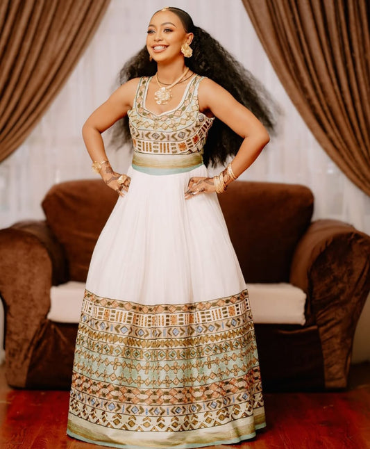 Habesha wedding Dress with Geometric Tibeb – Stylish Ethiopian Traditional Dress