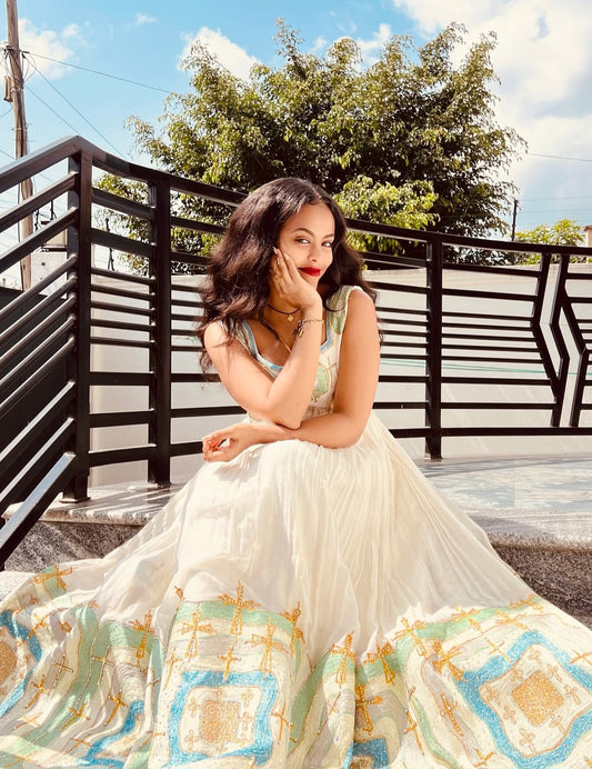 Flowing Habesha Dress with Gold Tibeb – Elegant Ethiopian Traditional Dress