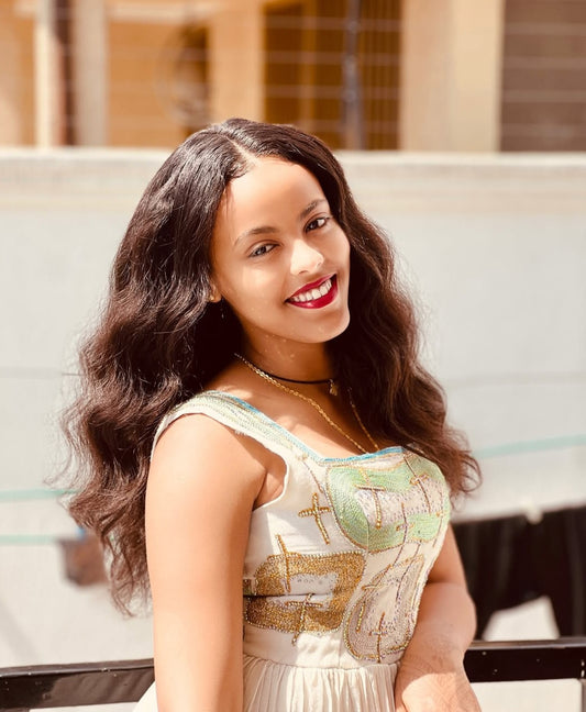 Flowing Habesha Dress with Gold Tibeb – Elegant Ethiopian Traditional Dress