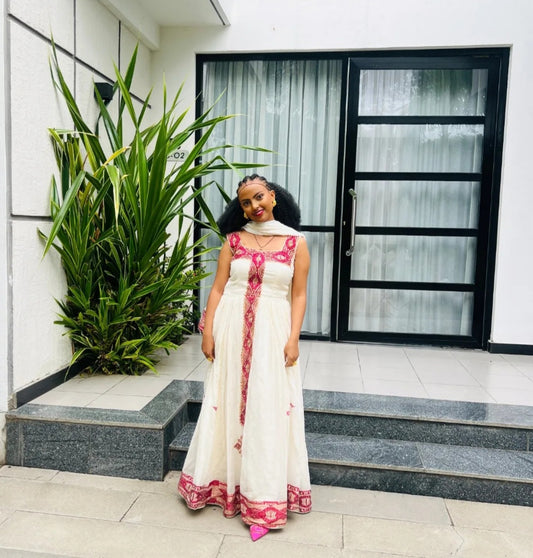 Elegant Habesha Dress with Red Tibeb – Sleeveless Ethiopian Kemis