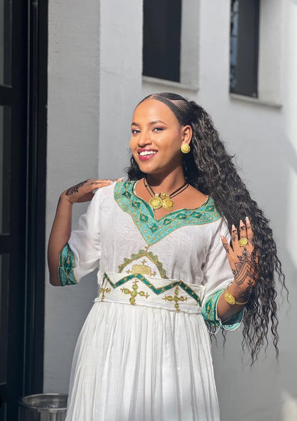Elegant White Habesha Dress with Turquoise Tibeb – Ethiopian Traditional Dress