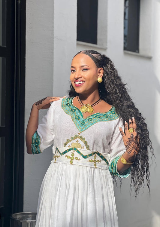 Elegant White Habesha Dress with Turquoise Tibeb – Ethiopian Traditional Dress
