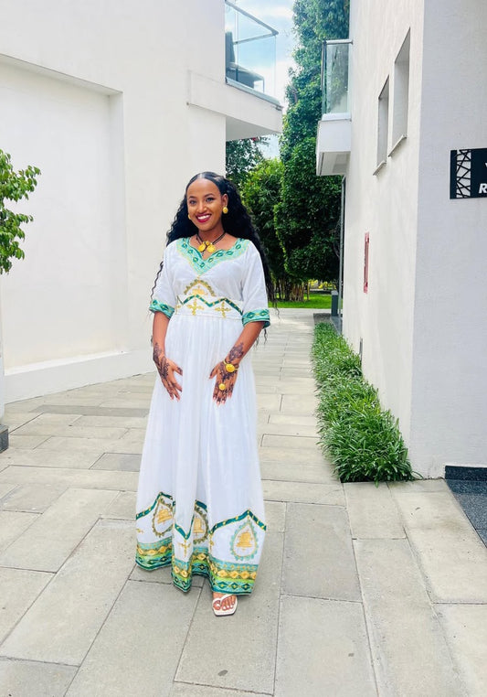 Elegant White Habesha Dress with Turquoise Tibeb – Ethiopian Traditional Dress