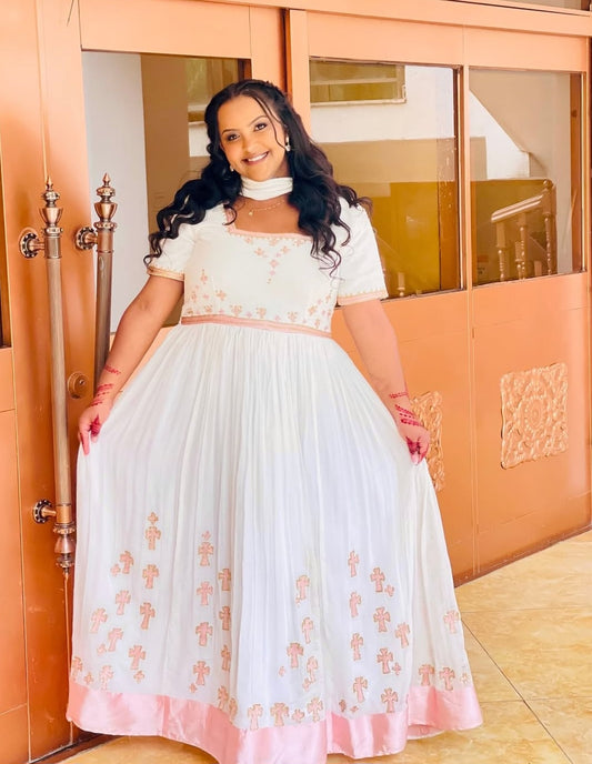 White Habesha Dress with Pink Cross Embroidery – Ethiopian modern Dress
