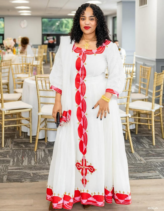 White Habesha Kemis with Red Tibeb – Ethiopian Traditional Dress