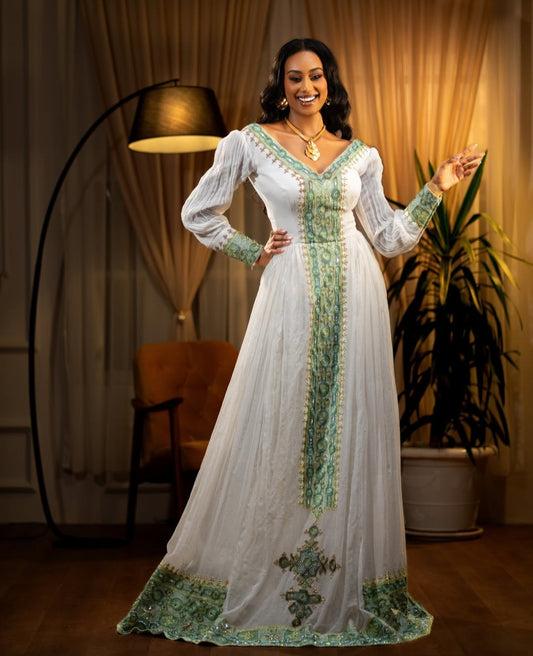Elegant Habesha Dress with Green Tibeb - Classic Habesha Kemis Style