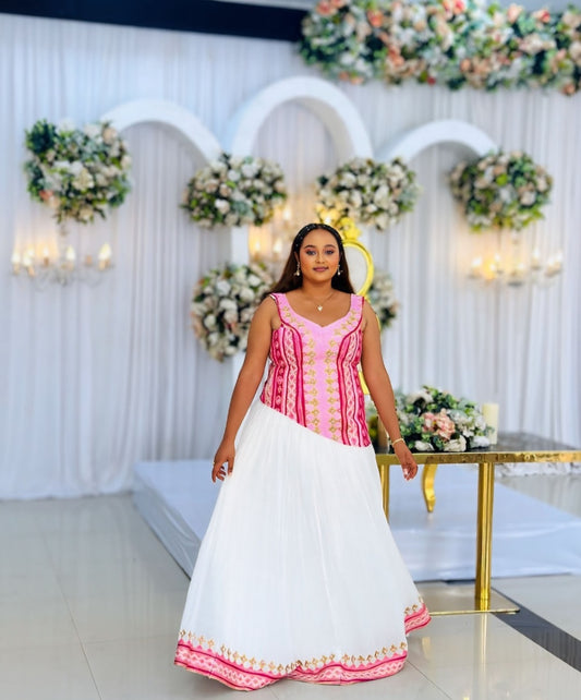 Pink & White Habesha Dress – Contemporary Ethiopian Kemis