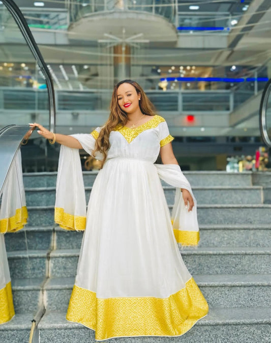 Ethiopian Traditional Dress with Yellow Embroidery – Classic Habesha Kemis for Women