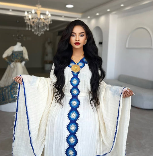 Ethiopian traditional attire Blue & White Tibeb – Striking Habesha dress