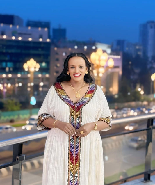 Elegant Ethiopian Dress with Red Tibeb – Cultural Habesha Dress for Shimglina & Events