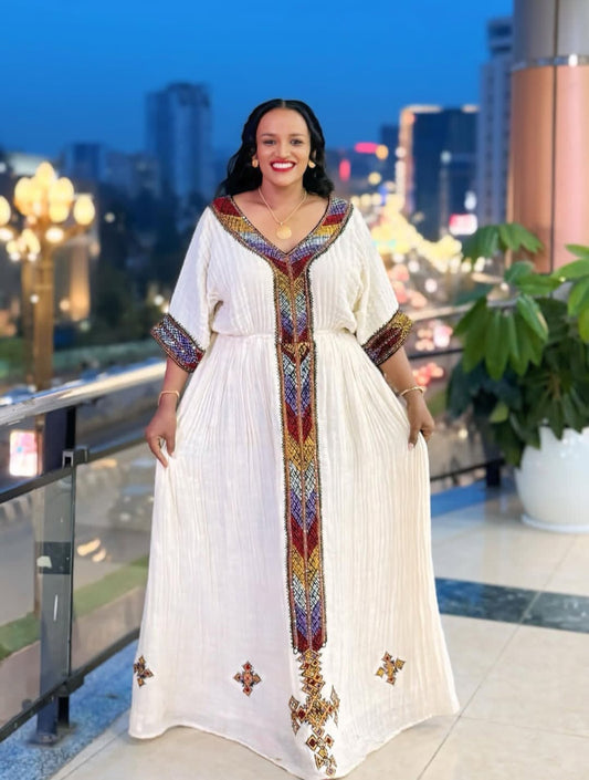 Elegant Ethiopian Dress with Red Tibeb – Cultural Habesha Dress for Shimglina & Events