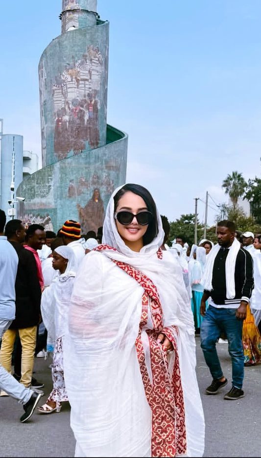 Modern Red & White Habesha Dress – Authentic Ethiopian Kemis