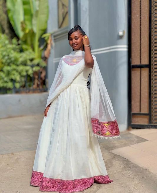 Authentic Handwoven Pink Habesha Kemis – Simple Ethiopian Dress