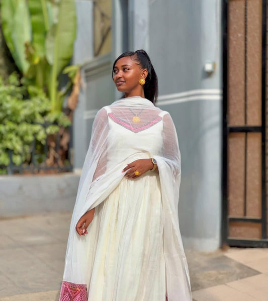 Authentic Handwoven Pink Habesha Kemis – Simple Ethiopian Dress