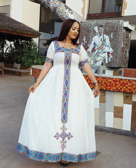White Habesha Dress with Blue Tibeb – Artistic Ethiopian Traditional Dress