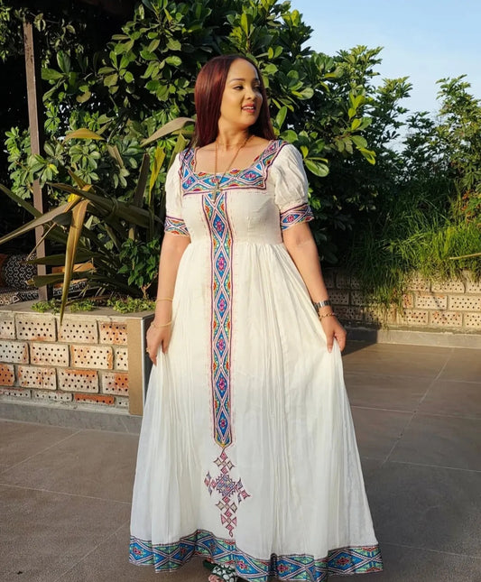 White Habesha Dress with Blue Tibeb – Artistic Ethiopian Traditional Dress