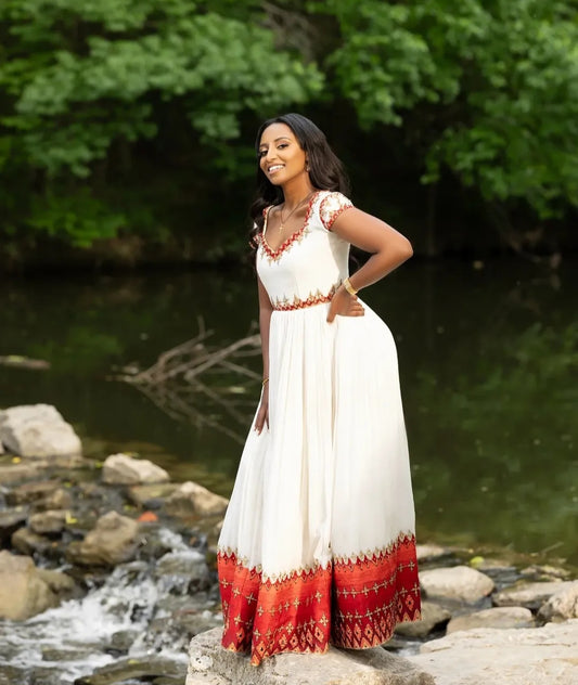 Classic Habesha Dress with Red Tibeb – Traditional Ethiopian Dress for Women