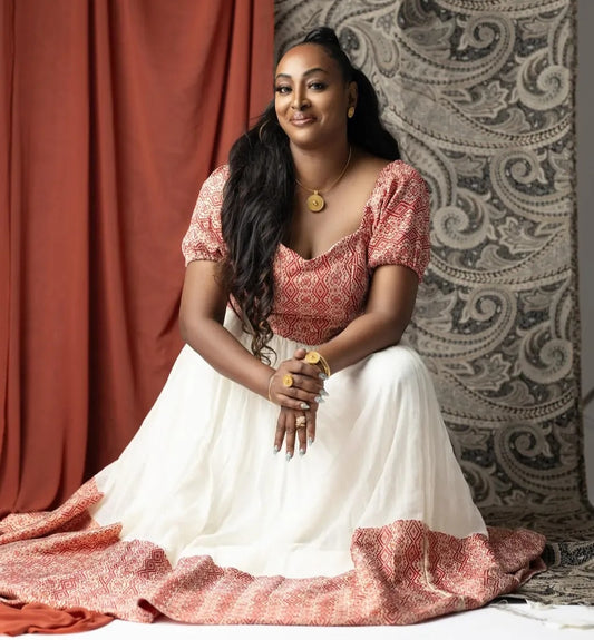 Modern Habesha Two-Piece Set with Red & White Pattern – Stylish Ethiopian Outfit