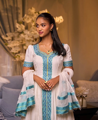 beautiful Habesha Dress with Blue Tibeb Handwoven Ethiopian Traditional Dress beautiful Habesha Dress with Blue Tibeb Handwoven Ethiopian Traditional Dress