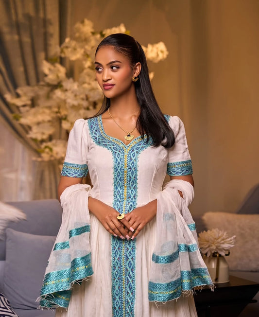 Elegant Habesha Dress with Blue Tibeb – Handwoven Ethiopian Traditional Dress