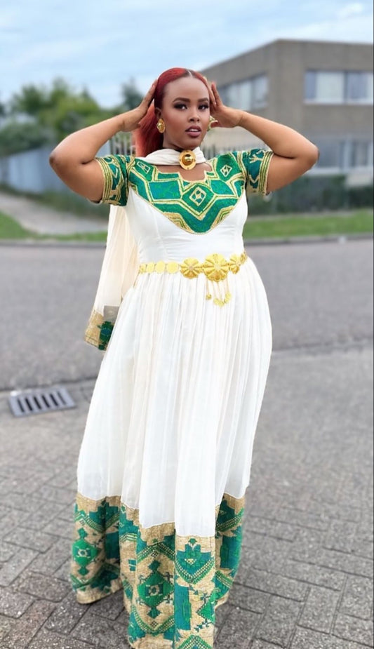 White Habesha Dress with Green  Tibeb – Authentic Ethiopian Traditional Dress