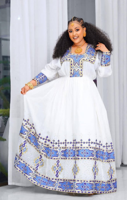 White Habesha Dress with Blue Tibeb – Grand Ethiopian Traditional Kemis for Celebrations