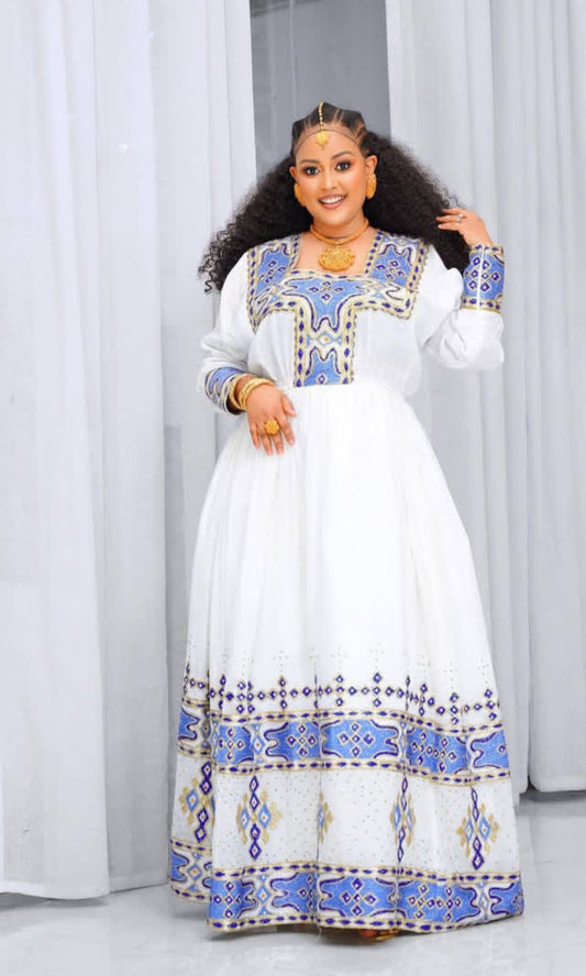 White Habesha Dress with Blue Tibeb – Grand Ethiopian Traditional Kemis for Celebrations