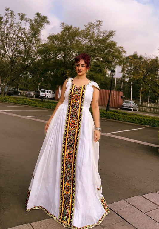 Colorful Habesha Dress with Gold Tibeb – Vibrant Ethiopian Traditional Dress