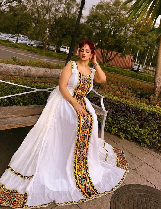 Colorful Habesha Dress with Gold Tibeb – Vibrant Ethiopian Traditional Dress