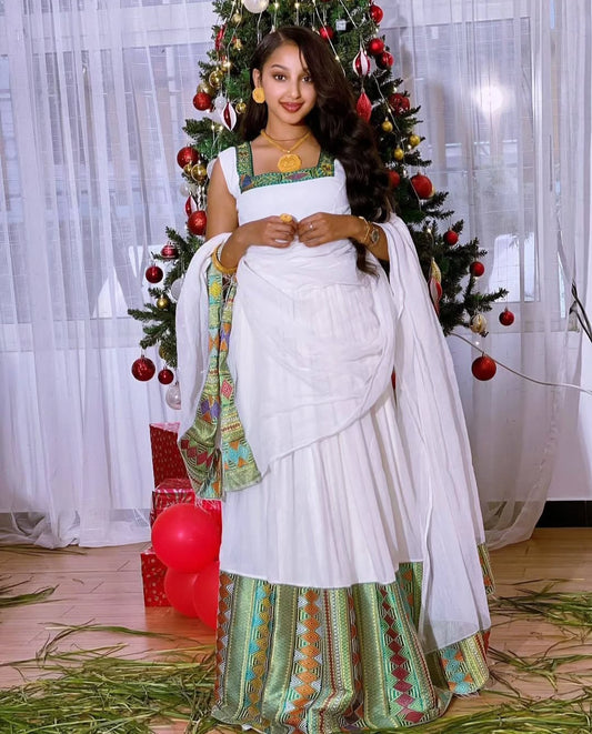 Elegant Habesha Dress with Green Tibeb & Shawl – Ethiopian Traditional Dress