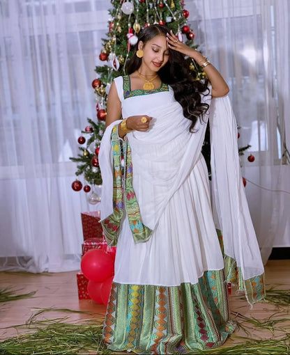 Elegant Habesha Dress with Green Tibeb & Shawl – Ethiopian Traditional Dress