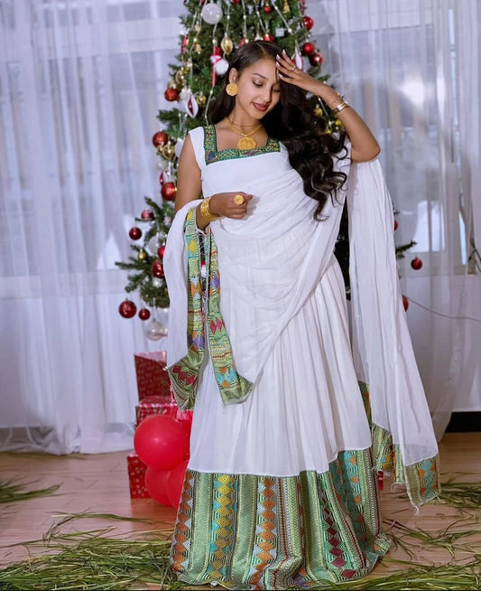 Elegant Habesha Dress with Green Tibeb & Shawl – Ethiopian Traditional Dress
