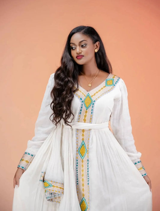 Elegant White Habesha Dress with Yellow Tibeb – Ethiopian Traditional Dress