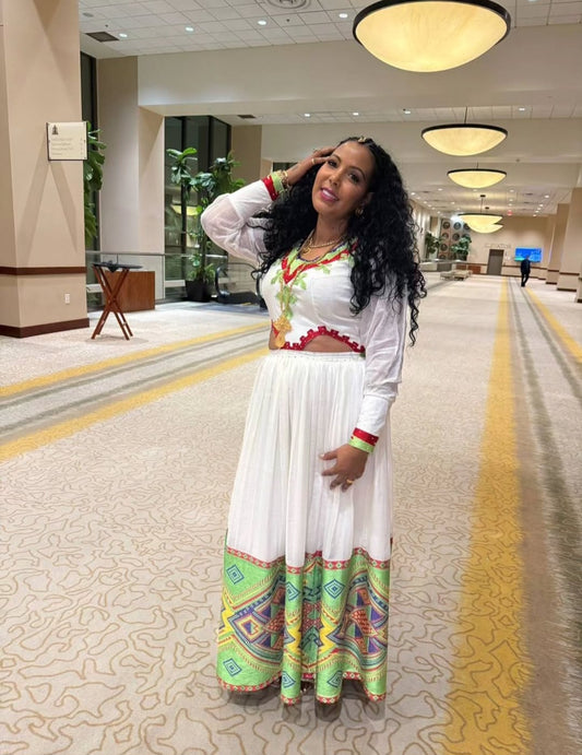 Vibrant Habesha Dress with Colorful Tibeb – Ethiopian Traditional Dress