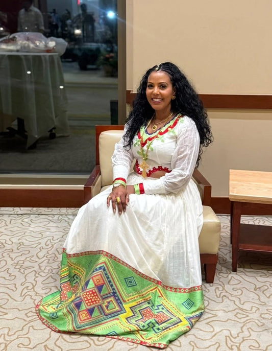 Vibrant Habesha Dress with Colorful Tibeb – Ethiopian Traditional Dress