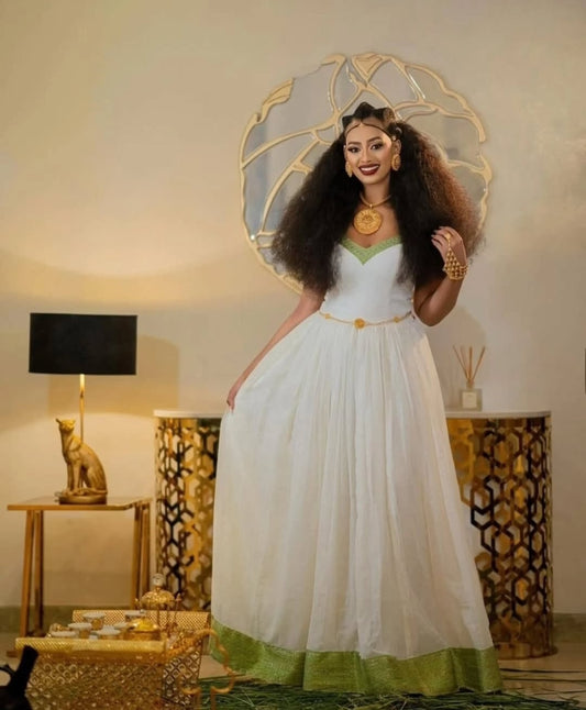 Stunning Ethiopian Dress with Green Border – Elegant Habesha Dress for Celebrations