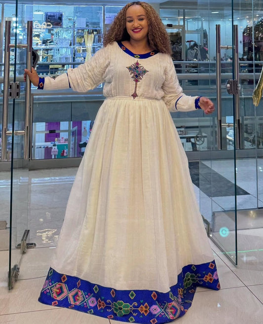 Simple Blue & Multi-Color Habesha Dress – Elegant Ethiopian Kemis