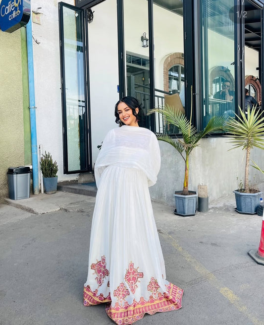 Elegant Ethiopian Dress with Red Tibeb – Graceful Ethiopian Dress