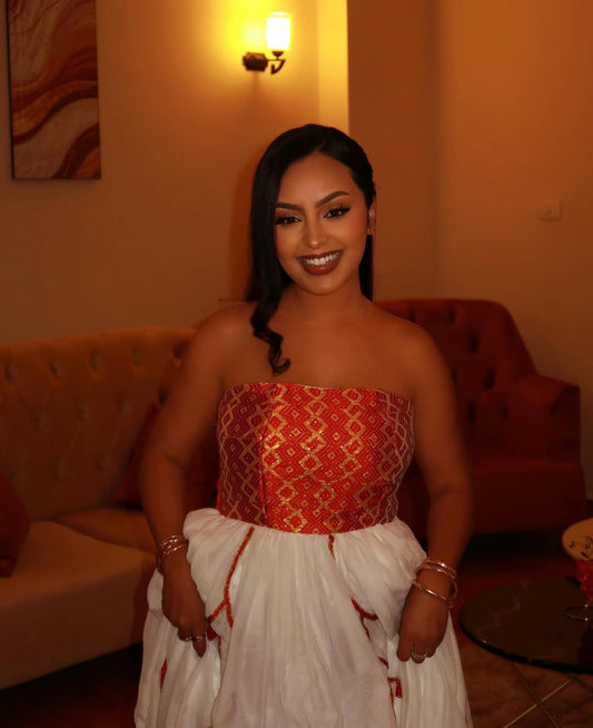 Modern Ethiopian Dress with Red & White – Elegant Habesha Style