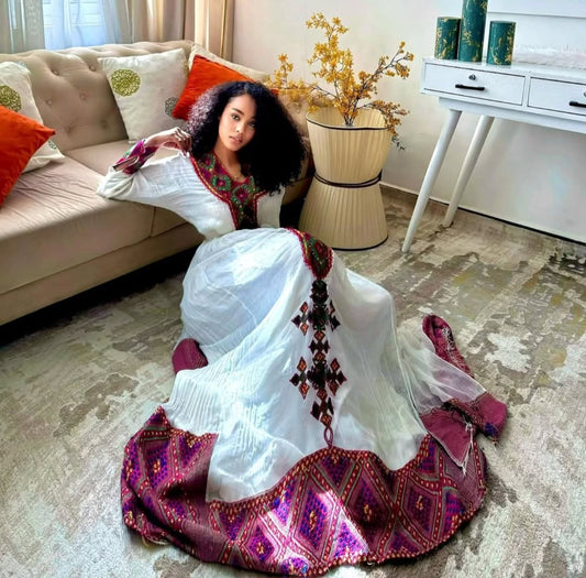Unique Habesha Dress with Purple Tibeb – Ethiopian Cultural Dress