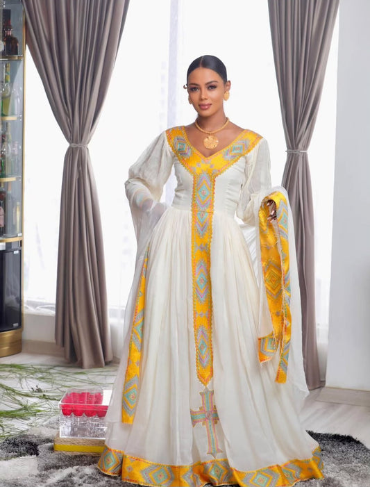 Radiant Habesha Kemis with Gold Tibeb – Classic Ethiopian Dress