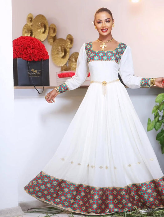 Graceful Habesha Kemis with Brown Tibeb – Modern Ethiopian Dress