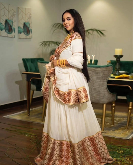 White Ethiopian Wedding Dress with bronze Tibeb – Classic Habesha Kemis