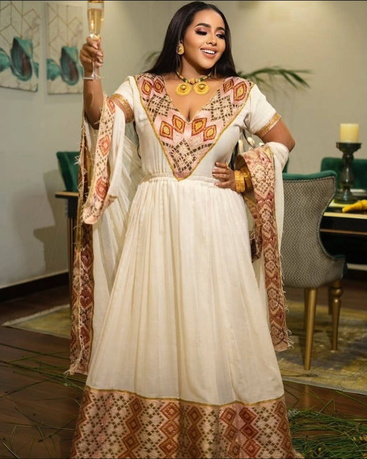 White Ethiopian Wedding Dress with bronze Tibeb – Classic Habesha Kemis