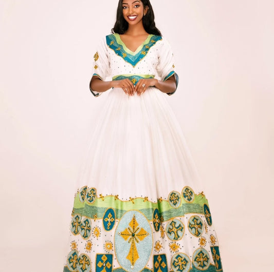 Classic Habesha Kemis with Green Tibeb – Ethiopian Traditional Dress